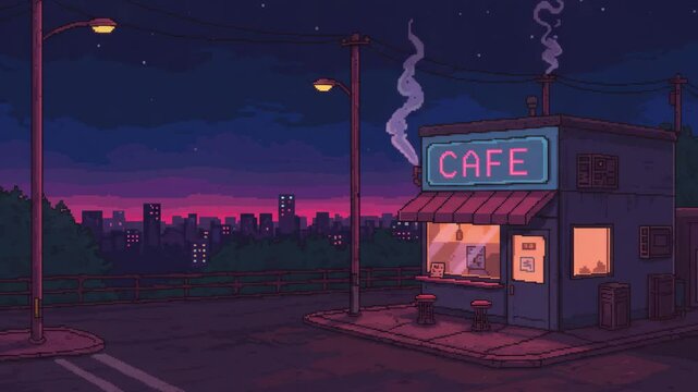 pixel art lo-fi caf&eacute; on a quiet street corner, soft smoke from vents, neon city lights glowing in the distance, nighttime vibe