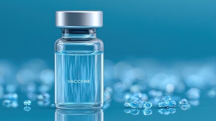 Macro studio depiction of a clear vaccine vial with shimmering blue pearls in the background. National Immunization Awareness Month
