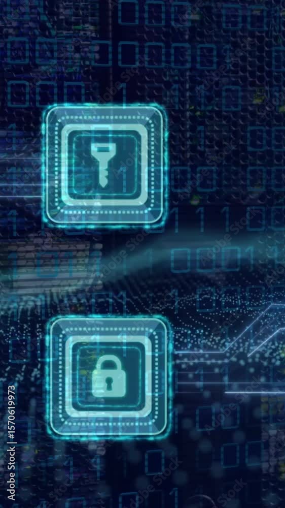Poster animation of key and padlock icons over computer circuit board and data processing