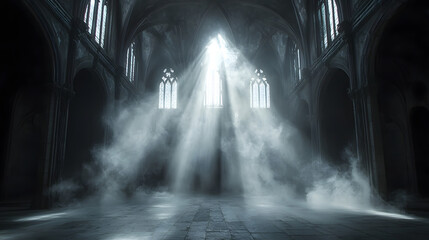 abstract renaissance empty big hall dark gothic light and smoke room