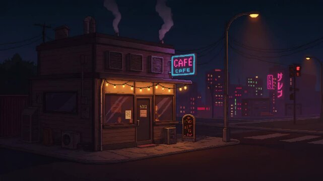 pixel art lo-fi caf&eacute; on a quiet street corner, soft smoke from vents, neon city lights glowing in the distance, nighttime vibe