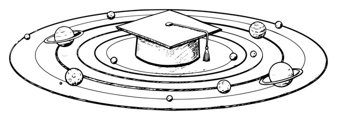 graduation cap in solar system line art