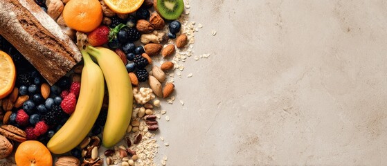 The vibrant arrangement of fresh fruits and nuts on a rustic background.