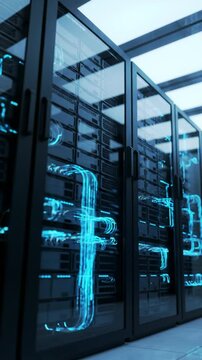Close-up view of modern data servers in a secure server room with blinking LED lights