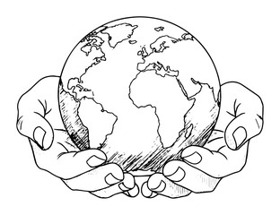 hands holding planet earth sketch save the world concept