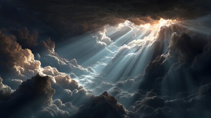 Dramatic sunbeams piercing through dark stormy clouds light