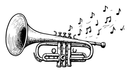 trumpet with musical notes hand drawn sketch illustration