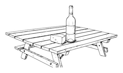 wooden picnic table with wine and cheese line art