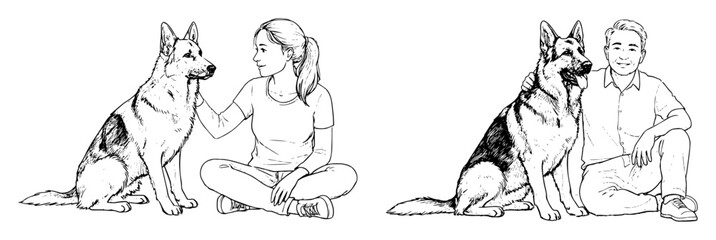 woman training german shepherd dog vector sketch illustration