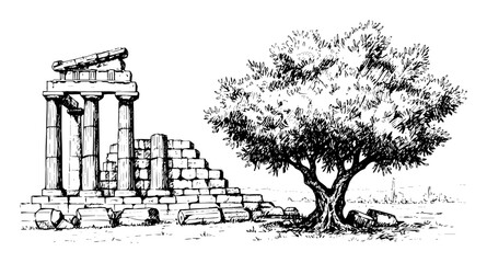 ancient greek ruins with olive tree sketch vector illustration © Kaz