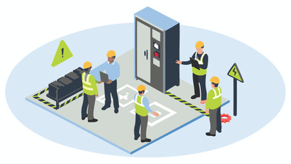 Isometric view of workers in safety gear around electrical panel with warning signs on platform