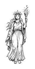 goddess of liberty with torch ancient greek style vector sketch