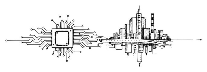 microchip merging city skyline vector sketch illustration