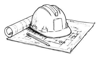 construction hard hat on blueprints vector sketch illustration