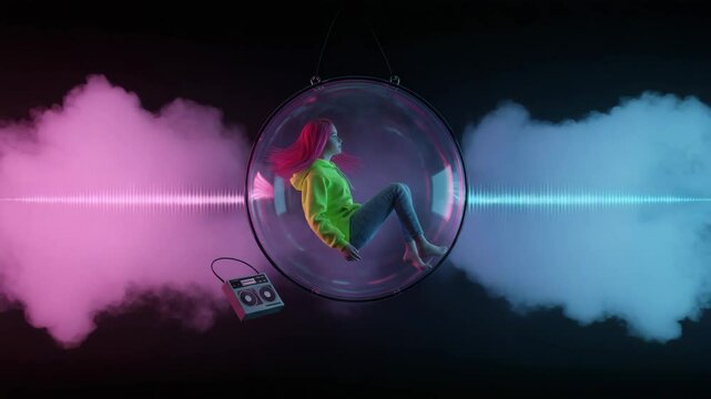girl in oversized hoodie floating in a gravity-free pod, lo-fi music player projecting waveforms, dreamy smoke atmosphere