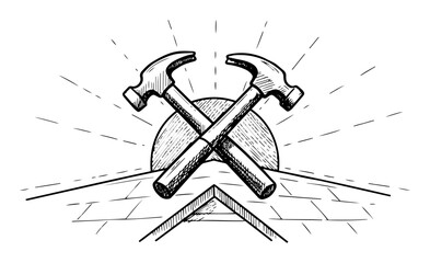 roofer logo with crossed hammers on roof sketch vector illustration