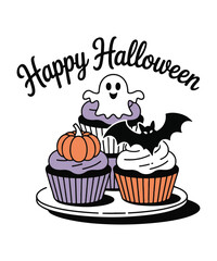 Happy Halloween Cupcakes with Ghost, Pumpkin, and Bat