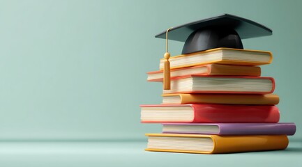 A black graduation cap rests atop a colorful stack of books against a muted green background