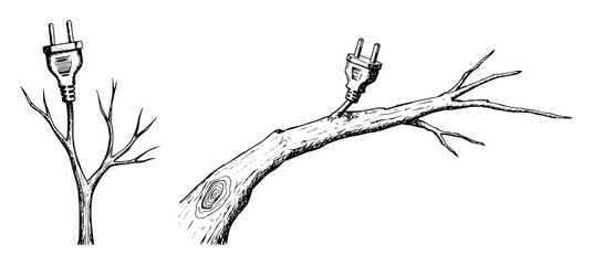 tree branch with electrical plug green energy concept vector sketch