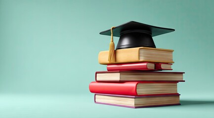 A black graduation cap rests atop a stack of colorful hardback books against a pale teal background