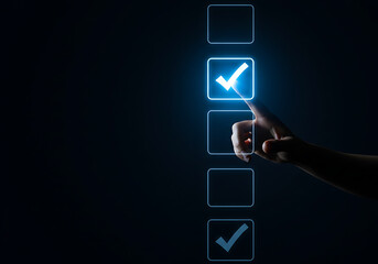 Hand pressing a glowing checkmark in a digital checklist on a dark blue background
