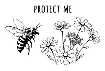 bee with flowers and protect me text line art