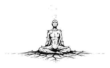 yoga meditation man with roots spiritual grounding concept sketch