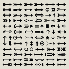 A Collection of Seventy Diverse Black Arrows on a Light Beige Background Various Styles and Directions Indicating Movement Navigation and Directionality