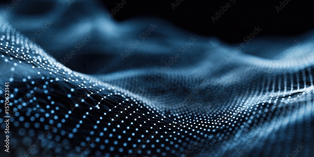 Fototapete abstract digital wave pattern created with blue dots and lines on a dark background.