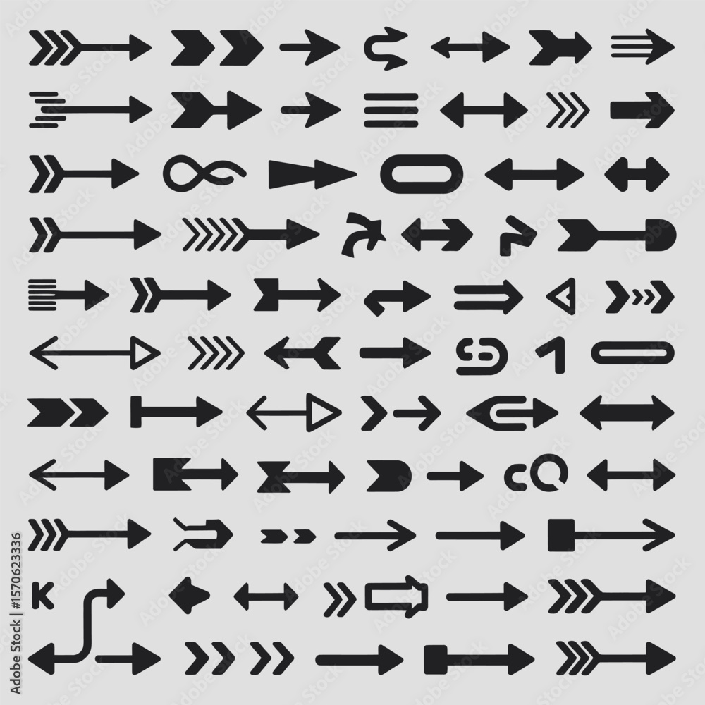 Poster a comprehensive collection of black arrow icons diverse styles and directions vector graphics set fo