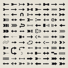 A Comprehensive Collection of Black Arrow Icons on a Light Beige Background Diverse Styles and Directions for Design Elements and User Interface Navigation