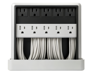 White cable management box with two power strips inside on a transparent background