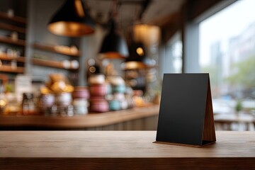 Fototapeta premium A blank black tabletop sign stands on a light wooden counter in a blurred, stylish cafe background with warm lighting, shelves, and city view