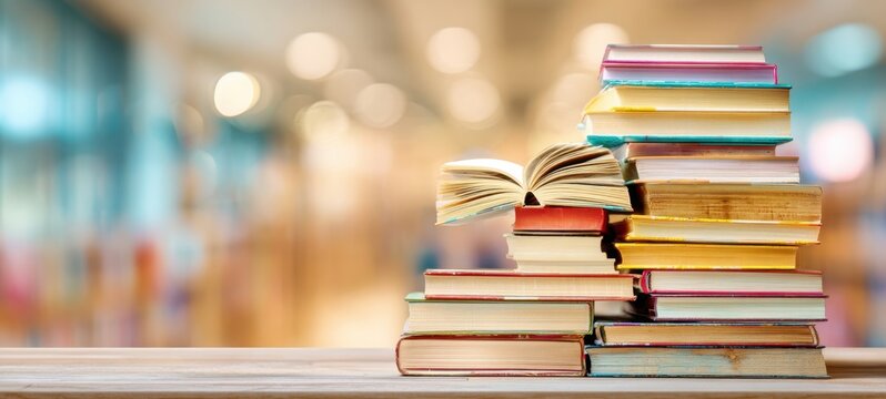 The stack of colorful books on a wooden table with an open book.