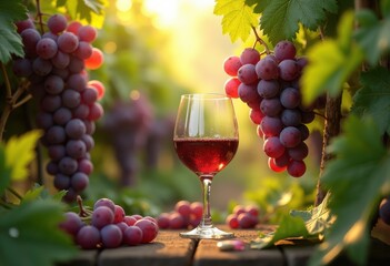 Naklejka premium elegant vintage wine glass surrounded lush grape vines vivid green leaves bountiful grapes nature delight, grapevine, leaf, plant, bottle, harvest, field