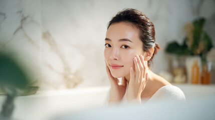 Young Asian Woman Applying Skincare Product
