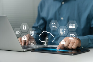 Cloud data management. Business Database and Backup Technologies, representing cloud based storage, digital business innovation and scalable Storage Solutions for Modern Connectivity