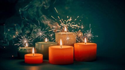 Sparkling teal and orange candles with gentle smoke
