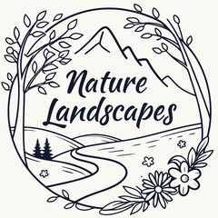 Elegant Nature Landscapes Illustration with Mountains Trees Flowers and Winding Path