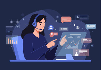 A friendly female customer service representative uses a headset and computer to assist clients, providing efficient technical support and resolving inquiries with a digital interface showing graphs