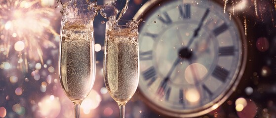 The sparkling champagne glasses celebrate the New Year countdown with fireworks.