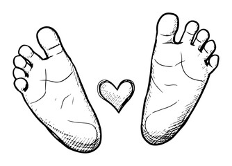 newborn baby feet with a heart hand drawn sketch