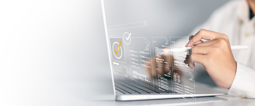 Business checklist uses tick checkbox for document control, quality acceptance, and certificate approval based on survey results and correct concept implementation