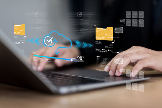Datum transfer and file backup integrate with cloud migration, document sharing, folder archive, and database exchange system emphasizing security and artificial intelligence (ai)