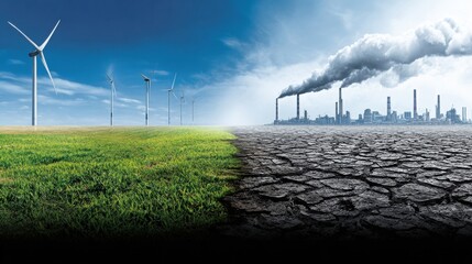 Contrasting landscapes: renewable energy on one side, pollution and drought on the other.