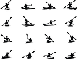 Silhouette of kayakers paddling, kayaking activity icons set, kayaking silhouettes on water, vector paddle sport design, black kayak illustration, isolated