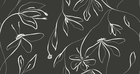 Line Art Floral Seamless Pattern Hand Drawn Style. Abstract Flowers Seamless Background. Flower Motif Batik Design. White Flowers Silhouette on Black Background. Monochrome Vector illustration.