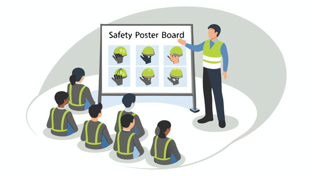 Instructor presenting safety poster about proper handling of helmets to a group of workers in safety vests