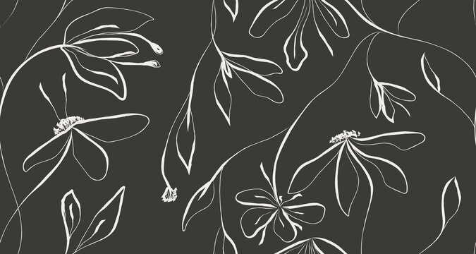 Line Art Floral Seamless Pattern Hand Drawn Style. Abstract Flowers Seamless Background. Flower Motif Batik Design. White Flowers Silhouette on Black Background. Monochrome Vector illustration.