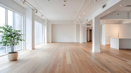 An empty white room with a wooden floor and a potted plant